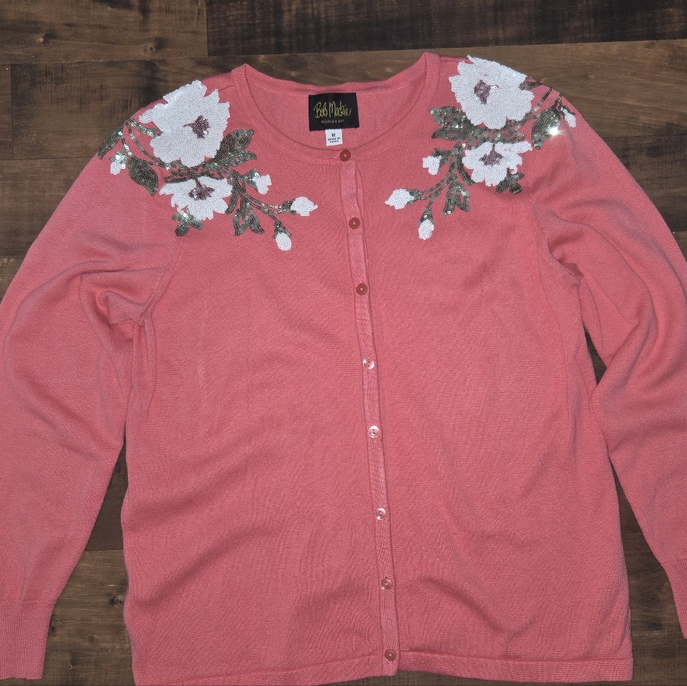 Sequin Floral ​Bob Mackie Pink Cardigan Embellished Button Up [Medium] Coquette
